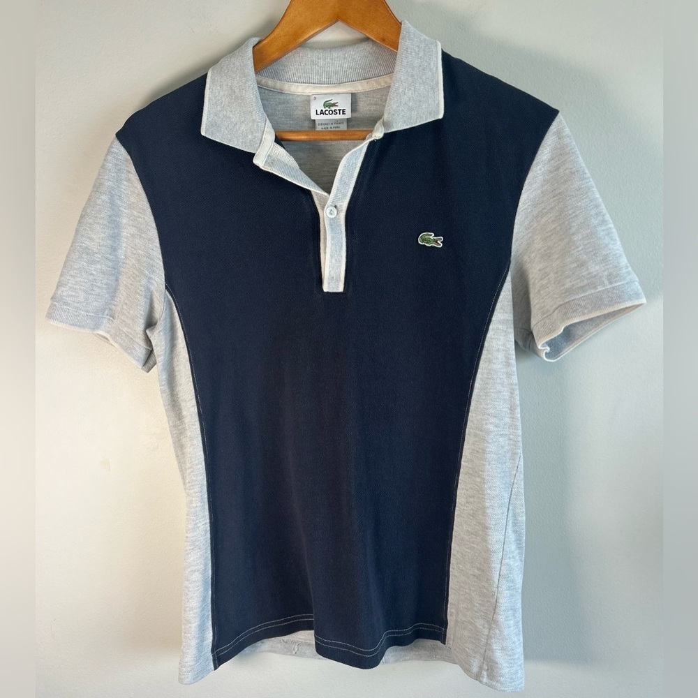 Vintage Lacoste Polo Short Size 3 Color Block Blue & Gray White Trim Unisex Peru